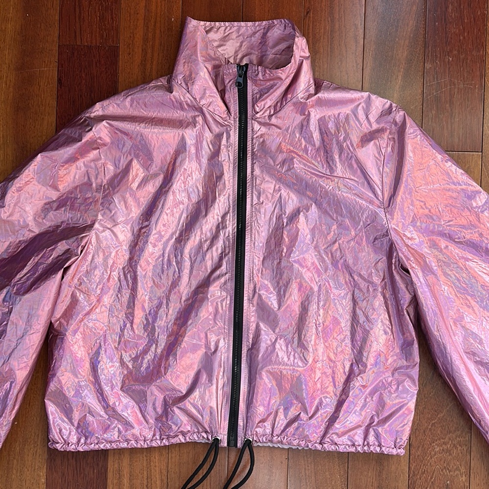 Shimmering Iridescent Pink Windbreaker Jacket Black Zipper - Picture 4 of 11